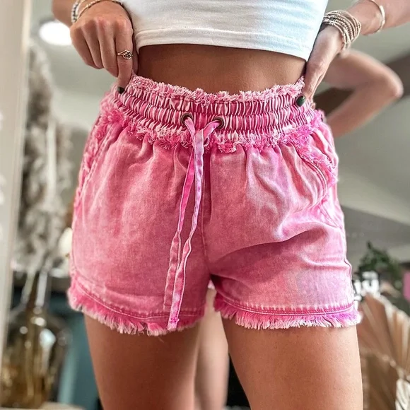 NWT Mineral Washed Acid Wash Drawstring Frayed Hem Hot Pink Tencel Shorts - Picture 4 of 4